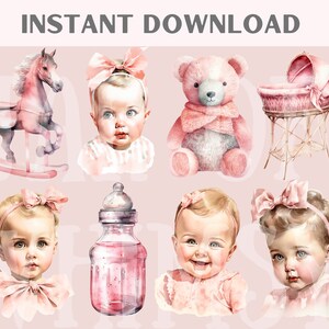 May include: A set of watercolor illustrations featuring a pink rocking horse, a pink teddy bear, a pink baby crib, a pink baby bottle, and four pink baby portraits.