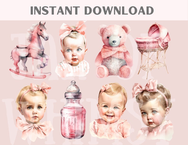 May include: A set of watercolor illustrations featuring a pink rocking horse, a pink teddy bear, a pink baby crib, a pink baby bottle, and four pink baby portraits.