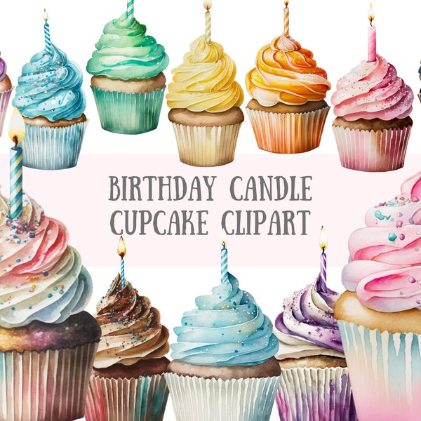 Watercolour Birthday Candle Cupcake Clipart Birthday Cake PNG Digital Image Downloads for Card Making Scrapbook Junk Journal Paper Crafts