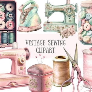 Aquarell Vintage Nähen Clipart Nähmaschine PNG digitales Bild Downloads für die Kartenherstellung Scrapbook Junk Journal Papierhandwerk