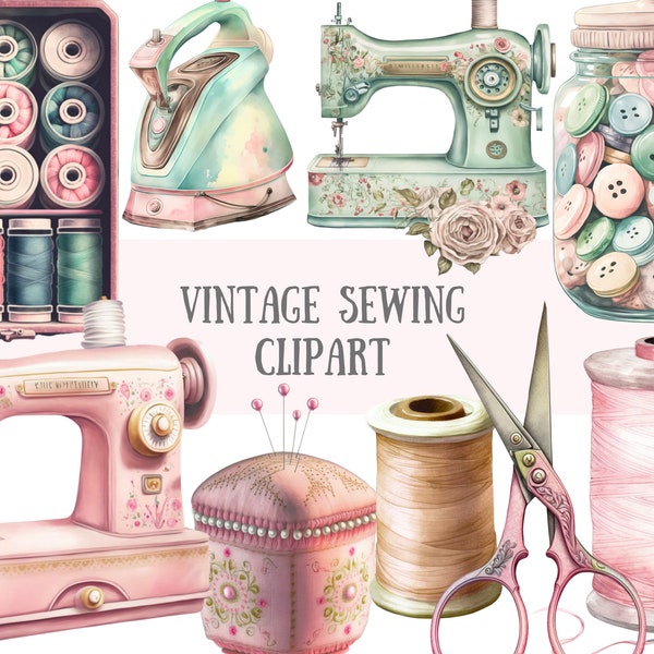 Aquarelle vintage Couture Clipart Machine à coudre PNG Téléchargements d’images numériques pour la fabrication de cartes Scrapbook Junk Journal Paper Crafts