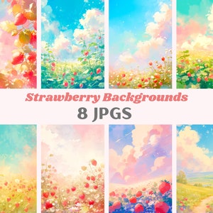 Aquarell Erdbeerfeld Hintergrund Clipart Erdbeere JPG Digitales Bild Downloads für die Kartenherstellung Scrapbook Junk Journal Paper Craft