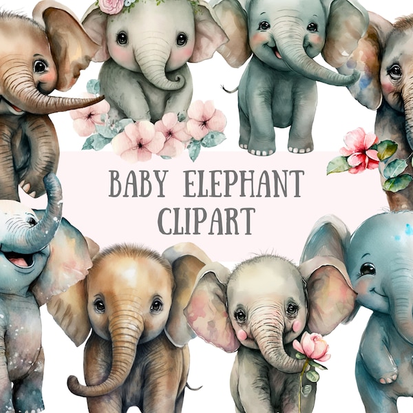 Watercolour Baby Elephant Clipart - Safari Animal PNG Digital Image Downloads for Card Making, Scrapbook, Junk Journal, Paper Crafts