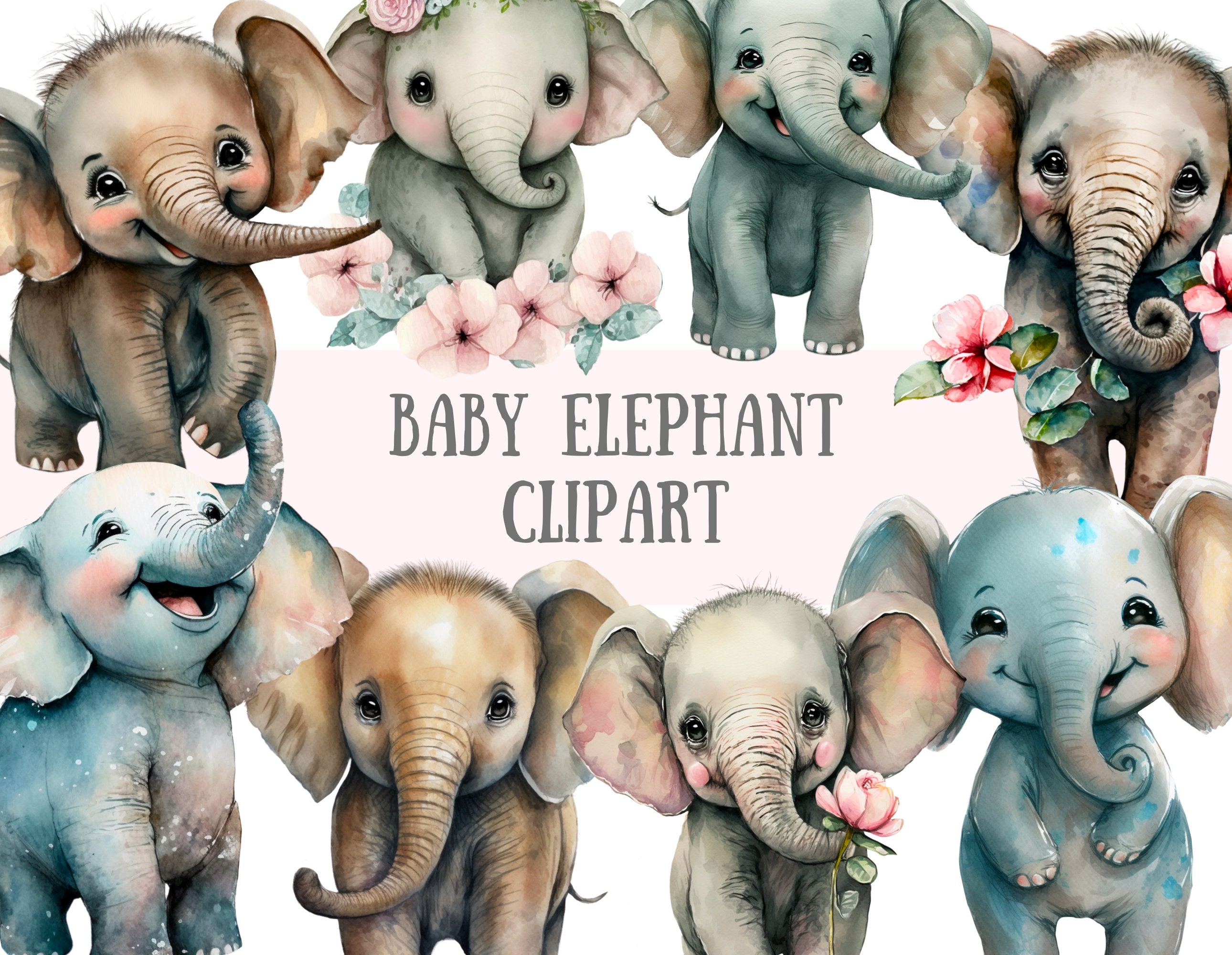 Watercolour Baby Elephant Clipart - Safari Animal PNG Digital Image ...