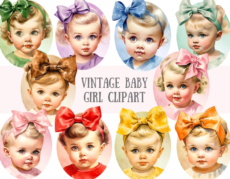 Akvarell Vintage Baby Girl Clipart Baby Shower PNG Digitala Bildnedladdningar för Korttillverkning Scrapbook Junk Journal Papperspyssel bild 1