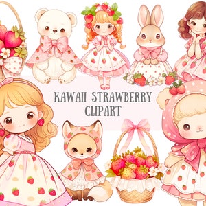 Aquarell Kawaii Erdbeere Clipart niedlich Erdbeere Mädchen PNG digitale Bild-Download für die Kartenherstellung Scrapbook Junk Journal Papierhandwerk