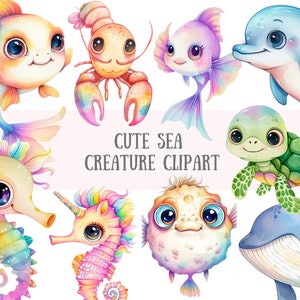 Clipart di creature marine carine ad acquerello Kawaii Animali marini PNG Immagini digitali da scaricare per la creazione di biglietti Scrapbook Junk Journal Paper Crafts