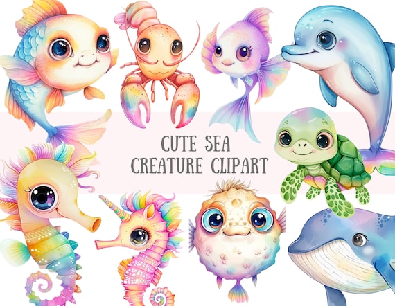Watercolour Cute Sea Creature Clipart Kawaii Sea Animals PNG Digital Image Downloads for Card Making Scrapbook Junk Journal Paper Crafts