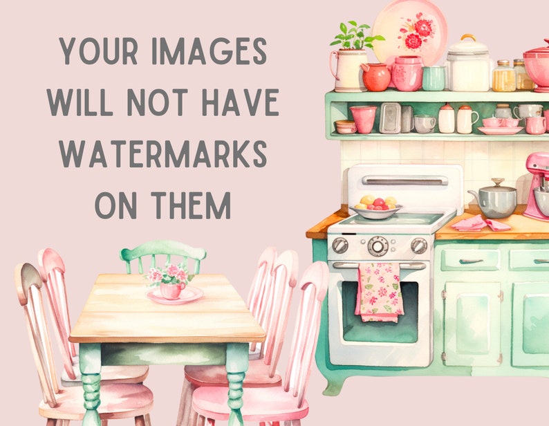 Pu&ograve; includere: Un'illustrazione ad acquerello di una cucina con una stufa bianca, armadietti verdi e un tavolo con quattro sedie rosa. Il testo "YOUR IMAGES WILL NOT HAVE WATERMARKS ON THEM" &egrave; scritto in grigio su uno sfondo rosa.