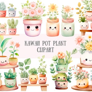 Acuarela Kawaii Pot Plant Clipart Lindas plantas de maceta PNG Descargas de imágenes digitales para hacer tarjetas Scrapbook Junk Journal Paper Crafts