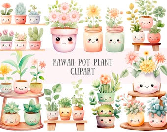 May include: A set of 15 watercolor illustrations of cute potted plants with happy faces. The plants are in various colors and styles, including succulents, cacti, and flowers. The text "Kawaii Pot Plant Clipart" is written in the center of the image.