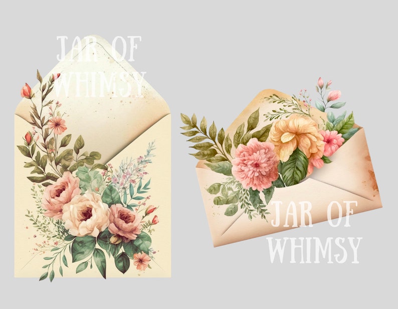 以下が含まれることがあります： 花柄のデザインと「Jar of Whimsy」という文字が印刷された、ヴィンテージ風の封筒2つ。封筒は水彩画風のバラ、葉、緑の葉で飾られています。