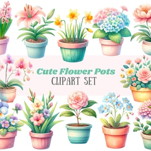 Aquarelle mignon pot de fleur Clipart joli pot de fleur plante PNG Image numérique à télécharger pour la fabrication de cartes Scrapbook indésirable Journal travaux manuels en papier