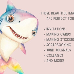 May include: A colorful cartoon shark with a rainbow tail. The shark is smiling and has big eyes. The image is perfect for invitations, cards, stickers, scrapbooking, junk journals, collages, and more.