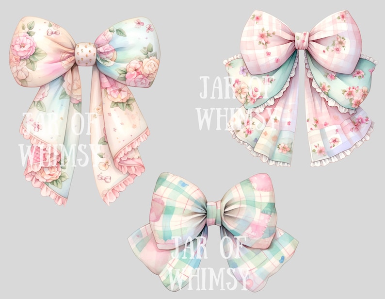 Puede incluir: Tres lazos de tela de color pastel con patrones florales y a cuadros. Los lazos est&aacute;n atados con un dise&ntilde;o de lazo y cola. El texto "Jar of Whimsy" es visible en la imagen.