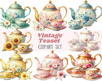 May include: A set of nine vintage teacups and teapots with floral designs. The teacups are white with gold trim and the teapots are decorated with various floral patterns. The teacups and teapots are arranged in a row on a white background. The text "Vintage Teaset CLIPART SET" is displayed in the center of the image.