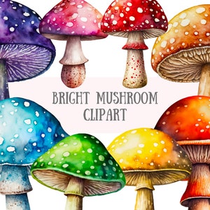Watercolour Bright Mushroom Clipart Colourful Toadstools PNG Digital Image Downloads for Card Making Scrapbook Junk Journal Paper Crafts