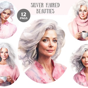 Acquerello argento dai capelli bellezza Clipart belle donne PNG Download di immagini digitali per la creazione di cartoline Scrapbook Junk Journal Paper Crafts
