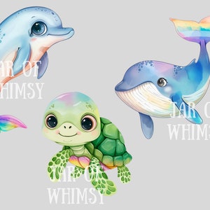 May include: A watercolor illustration of a blue dolphin with a rainbow tail, a blue whale with a rainbow tail, and a green turtle with a rainbow shell. The text "JAR OF WHIMSY" is written on the image.