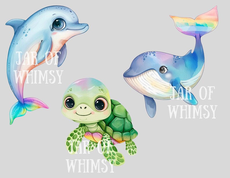 May include: A watercolor illustration of a blue dolphin with a rainbow tail, a blue whale with a rainbow tail, and a green turtle with a rainbow shell. The text "JAR OF WHIMSY" is written on the image.