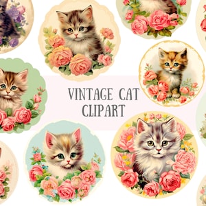Aquarelle vintage chat Clipart chaton Rose Illustration PNG Image numérique à télécharger pour faire des travaux manuels en papier Scrapbooking Journal indésirable