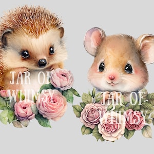 May include: A watercolor illustration of a hedgehog and a mouse with pink roses. The hedgehog is brown and has a white nose. The mouse is brown and has a white belly. The roses are pink and have green leaves. The text "JAR OF WHIMSY" is written on the image.