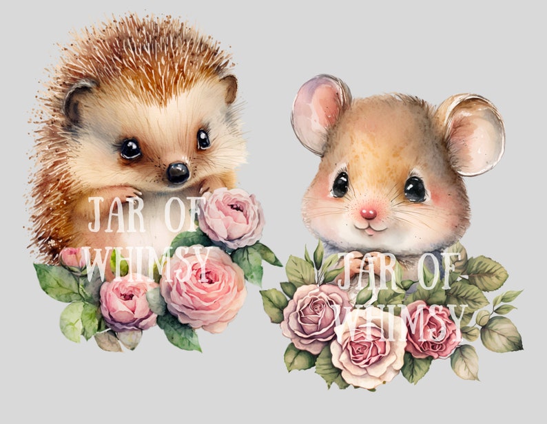 May include: A watercolor illustration of a hedgehog and a mouse with pink roses. The hedgehog is brown and has a white nose. The mouse is brown and has a white belly. The roses are pink and have green leaves. The text "JAR OF WHIMSY" is written on the image.
