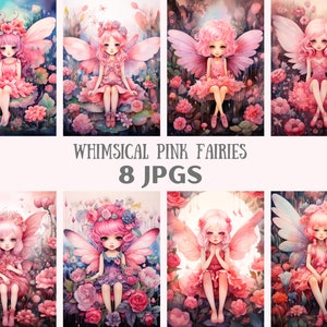 Könnte beinhalten: Acht digitale Illustrationen von rosa Feen mit Flügeln, die in einem Feld mit rosa Blumen sitzen. Die Feen tragen rosa Kleider und haben rosa Haare. Der Text "Whimsical Pink Fairies 8 JPGs" befindet sich am unteren Rand des Bildes.
