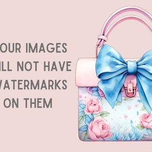 May include: A light blue handbag with a large bow and floral print. The handbag has a pink flap and a gold clasp.