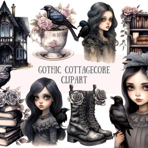 Aquarelle gothique Cottagecore Clipart corbeau noir obsédant PNG téléchargements d'images numériques pour la fabrication de cartes Scrapbook Junk Journal travaux manuels en papier