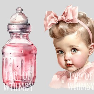 May include: A watercolor illustration of a glass bottle with a pink liquid and a white lid. The bottle has the text "JAR OF WHIMSY" printed on it. A watercolor illustration of a baby girl with a pink bow in her hair. The baby girl is looking down and has the text "JAR OF WHIMSY" printed on her shirt.