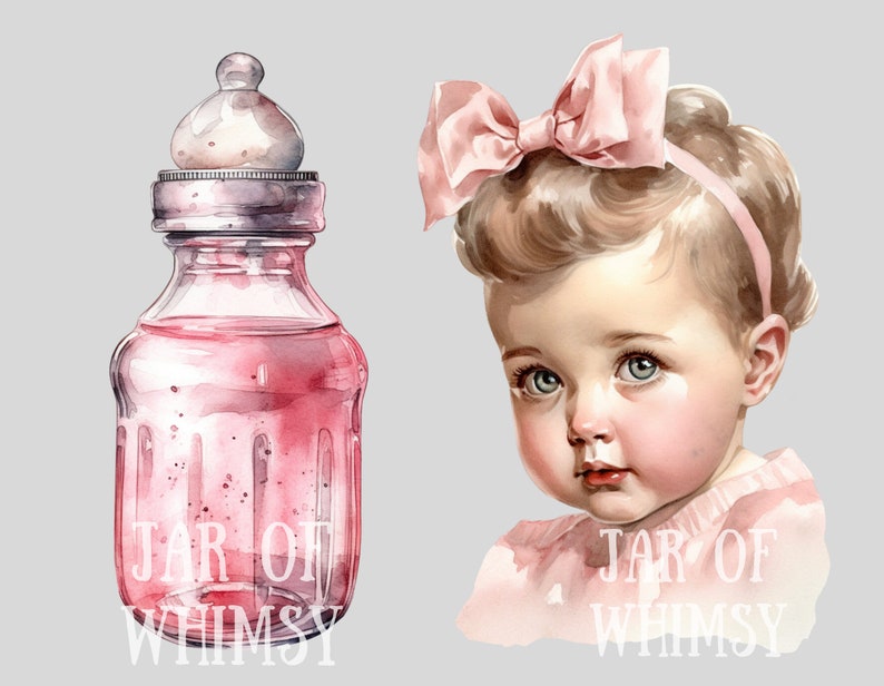 May include: A watercolor illustration of a glass bottle with a pink liquid and a white lid. The bottle has the text "JAR OF WHIMSY" printed on it. A watercolor illustration of a baby girl with a pink bow in her hair. The baby girl is looking down and has the text "JAR OF WHIMSY" printed on her shirt.