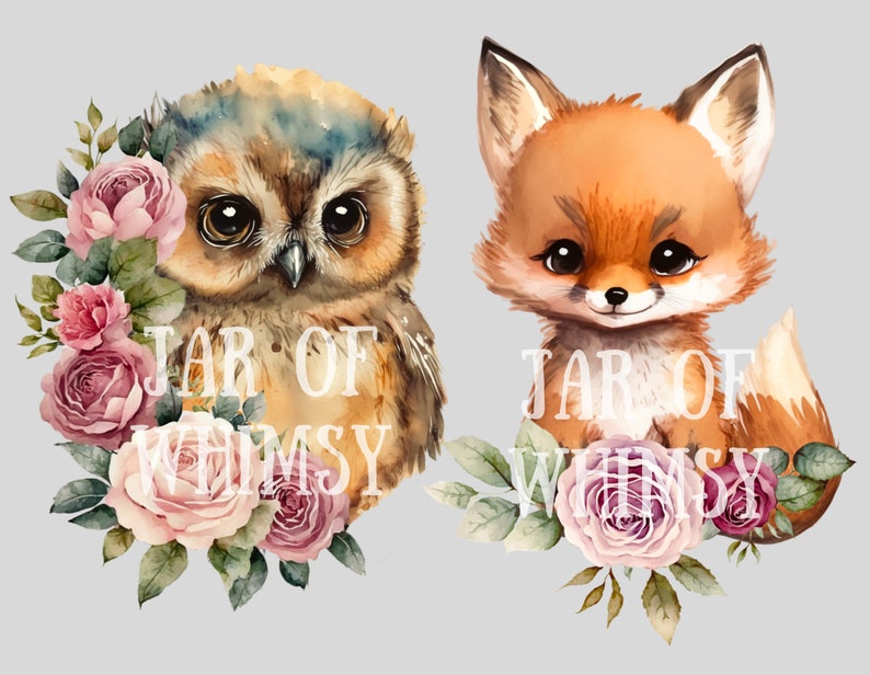 May include: Two watercolor illustrations of a brown owl and a red fox with pink roses and green leaves. The text "Jar of Whimsy" is written in white on each image.