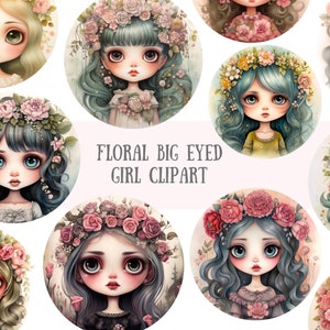 Aquarel bloemen Big Eyed Girl clipart pop surrealistisch artwork PNG digitale afbeelding downloads voor kaarten maken plakboek ongewenste dagboek papier ambachten
