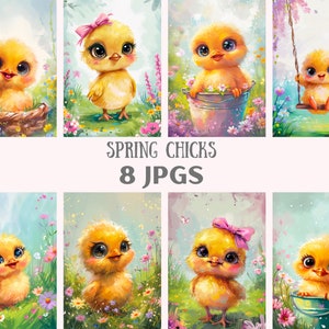 Aquarelle printemps poussins Clipart Pâques bébé poulet JPG téléchargements d'images numériques pour la fabrication de cartes scrapbooking journal indésirable papier artisanat