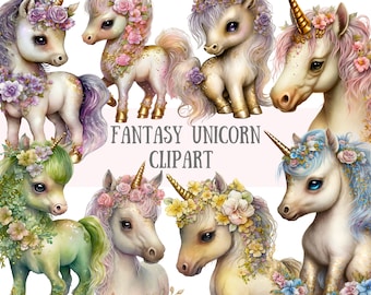 May include: A set of seven digital clipart images of fantasy unicorns with floral crowns and sparkling manes. The unicorns are in various poses and colors, including pink, purple, blue, green, and white.