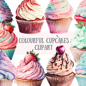Clipart de cupcake colorido aquarela - bolo de aniversário Downloads de imagens digitais PNG para fazer cartões, álbum de recortes, diário de lixo, artesanato em papel
