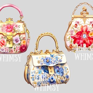 May include: Three vintage-style handbags with floral patterns. The handbags are white with gold accents and feature different floral designs. The first handbag has pink flowers, the second has red flowers, and the third has blue flowers.