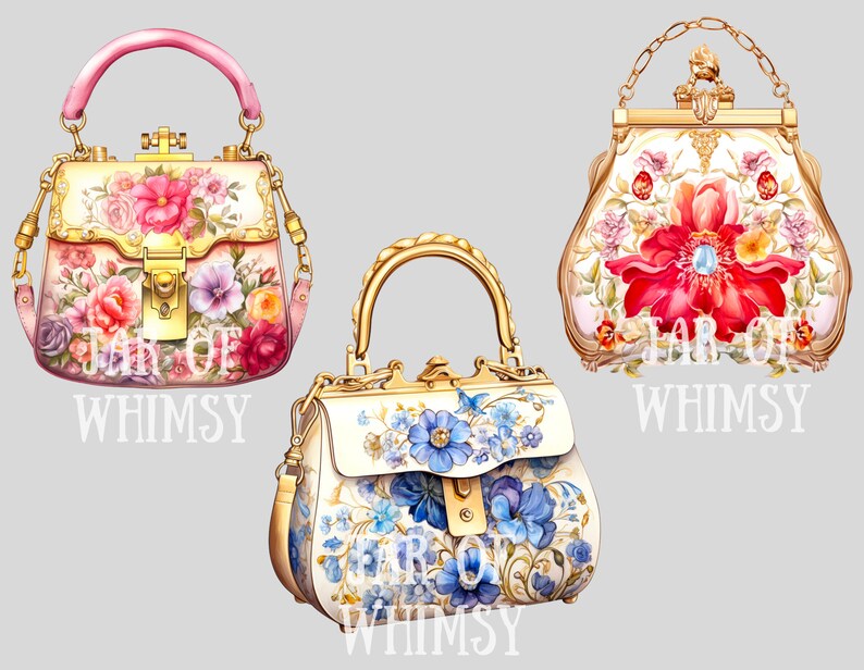 May include: Three vintage-style handbags with floral patterns. The handbags are white with gold accents and feature different floral designs. The first handbag has pink flowers, the second has red flowers, and the third has blue flowers.