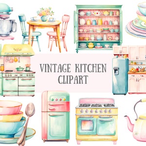 Aquarell Vintage Küche Clipart Retro Backen PNG digitale Bild Downloads für die Kartenherstellung Scrapbook Junk Journal Papierhandwerk