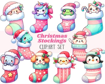 Può includere: Un set di dieci calze di Natale con simpatici animali dei cartoni animati. Ogni calza è decorata con un animale diverso, tra cui un unicorno, un pinguino, un dinosauro, un gatto, una rana, un lama, un pulcino, un elefante e un cane. Le calze sono tutte in varie tonalità di rosa, blu e verde.