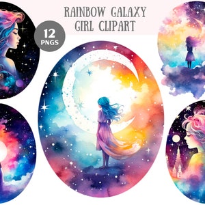 Aquarela arco-íris galáxia menina clipart conto de fadas fantasia PNG downloads de imagens digitais para fazer cartões scrapbook lixo diário artesanato em papel
