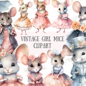 Acuarela Vintage Girl Ratones Clipart Granja Ratón PNG Descargas de imágenes digitales para hacer tarjetas Scrapbook Junk Journal Paper Crafts