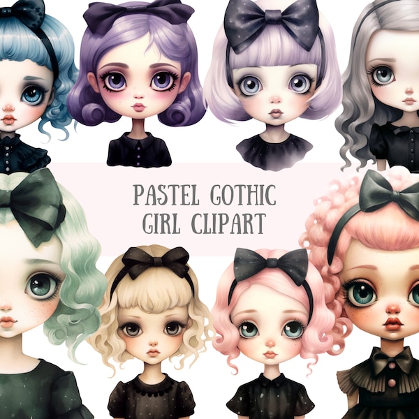 Watercolour Pastel Gothic Girl Clipart Kawaii Goth Fashion PNG Digital Image Downloads for Card Making Scrapbook Junk Journal Paper Crafts