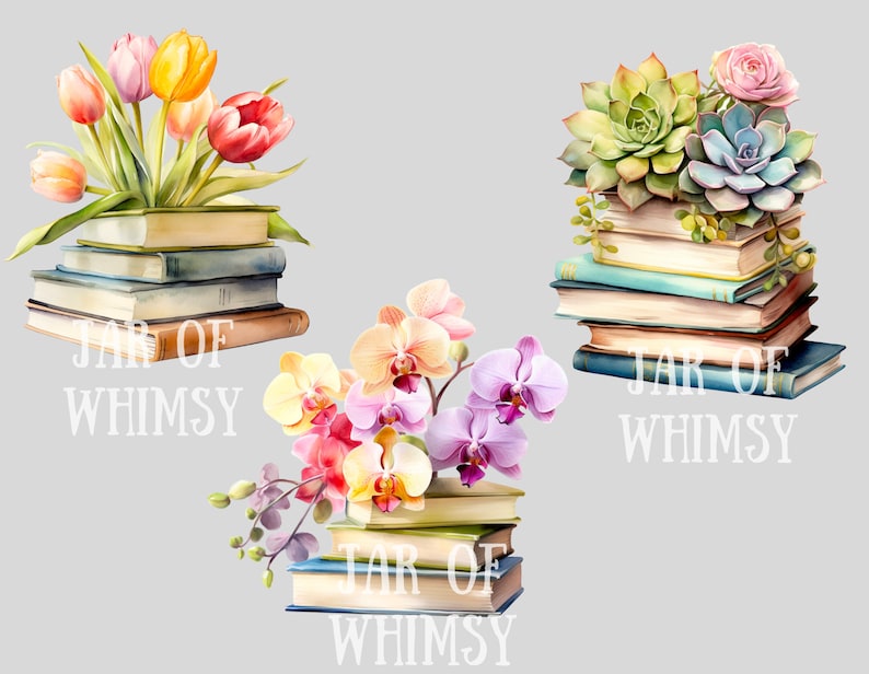 Puede incluir: Tres pilas de libros con diferentes arreglos florales en la parte superior. La parte superior de cada pila de libros tiene el texto "Jar of Whimsy" impreso. Los arreglos florales incluyen tulipanes rosas, amarillos y rojos, suculentas verdes y orqu&iacute;deas rosas y amarillas.