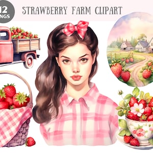 Aquarelle fraise ferme Clipart fraises PNG Image numérique à télécharger pour la fabrication de cartes Scrapbook Junk Journal travaux manuels en papier