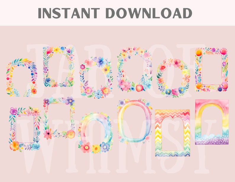 May include: A set of 10 watercolour floral and rainbow frames. The frames are in various shapes and sizes, including circles, squares, and arches. The frames are perfect for adding a touch of whimsy to your projects.