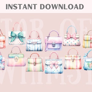 May include: A set of twelve watercolor illustrations of pastel-colored handbags with various patterns, including stripes, polka dots, and floral designs. The handbags are all closed and have a top handle.