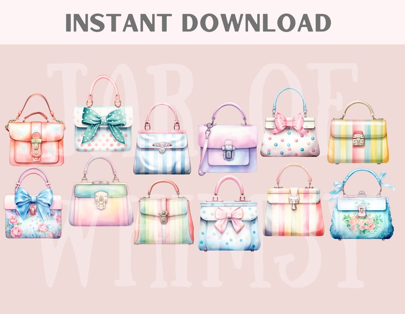 May include: A set of twelve watercolor illustrations of pastel-colored handbags with various patterns, including stripes, polka dots, and floral designs. The handbags are all closed and have a top handle.