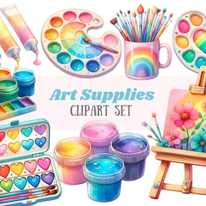 Suministros de arte de acuarela Clipart Rainbow Artist Painting PNG Descargas de imágenes digitales para hacer tarjetas Scrapbook Junk Journal Paper Crafts